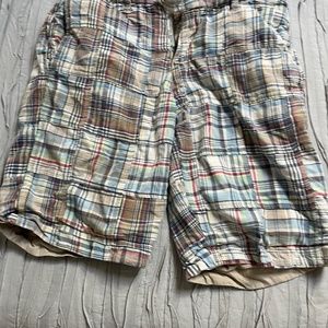 Tailor vintage madras /khaki reversible shorts  9"